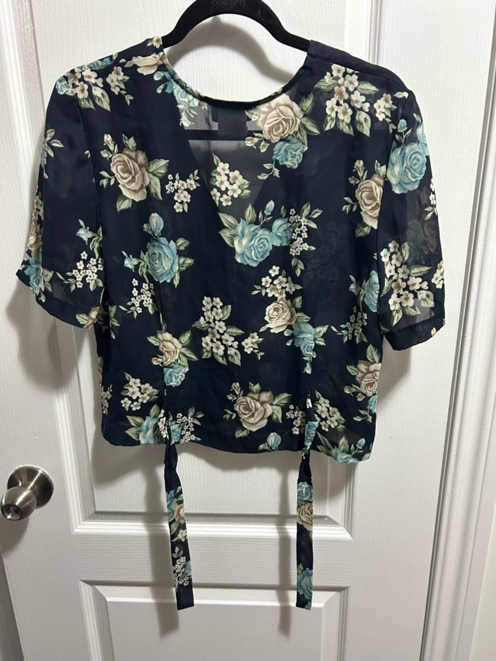 Miss Selfridge Navy Floral Tie-Front Blouse with Blue and Cream Roses - Picture 6 of 6